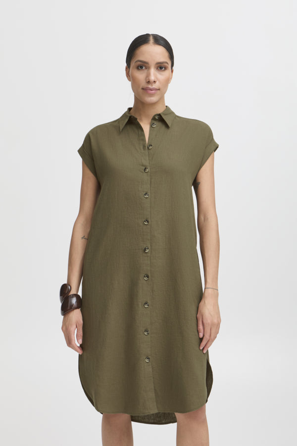 FALAKKA Linen Shirt Dress in Khaki Olive Green