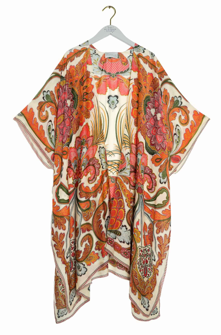 One Hundred Stars Mid Length Lightweight Throwover Kimono in Orange Fiesta Print - THRFIEORA