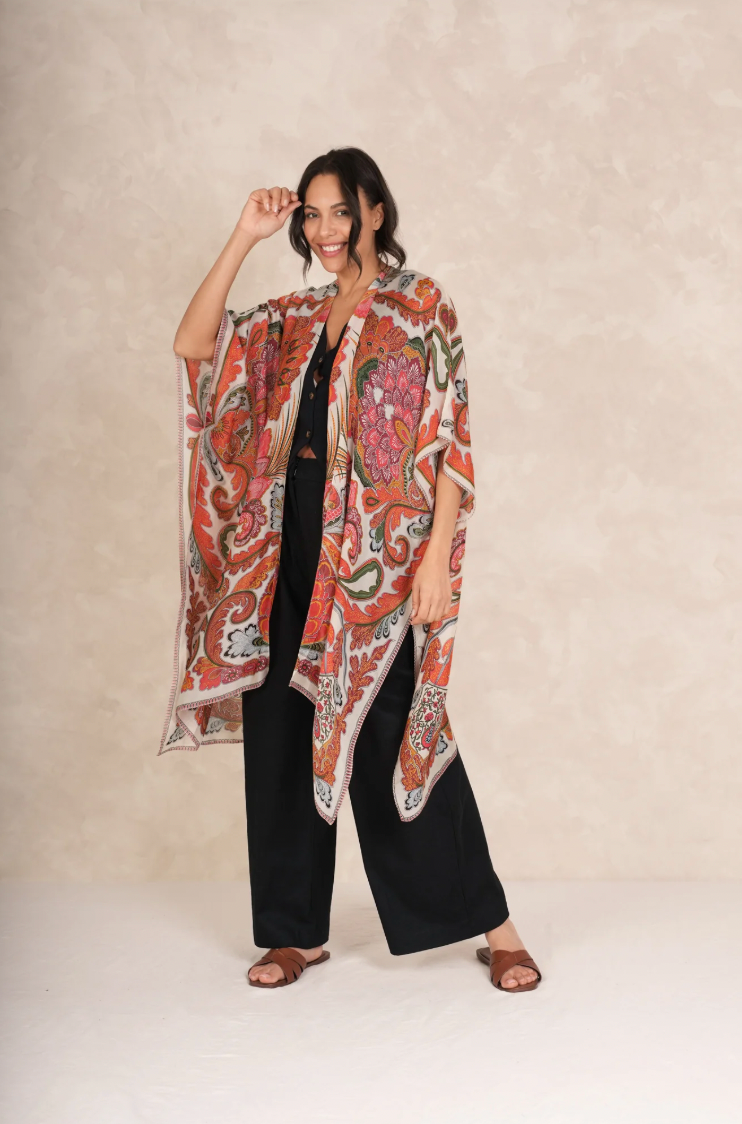 One Hundred Stars Mid Length Lightweight Throwover Kimono in Orange Fiesta Print - THRFIEORA