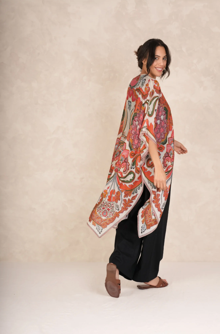 One Hundred Stars Mid Length Lightweight Throwover Kimono in Orange Fiesta Print - THRFIEORA