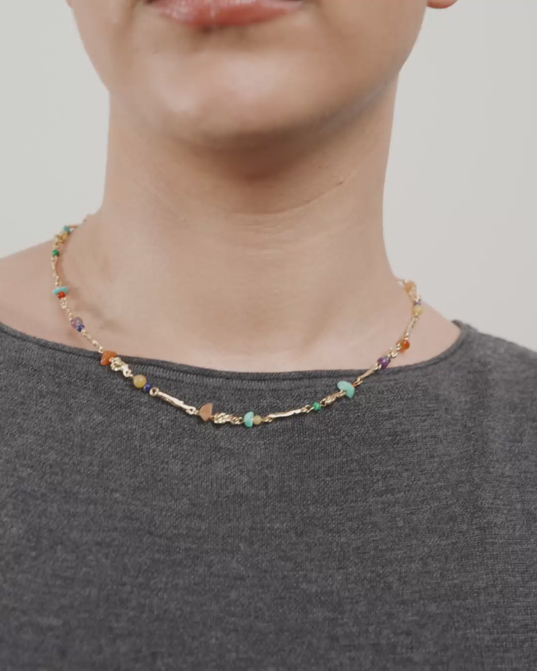 TRACE Necklace in Gold with Multicolour Rainbow Beads