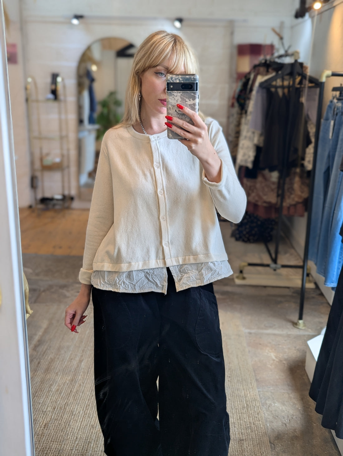 TORO Button Down Cardigan with Crinkle Frill in Latte Cream