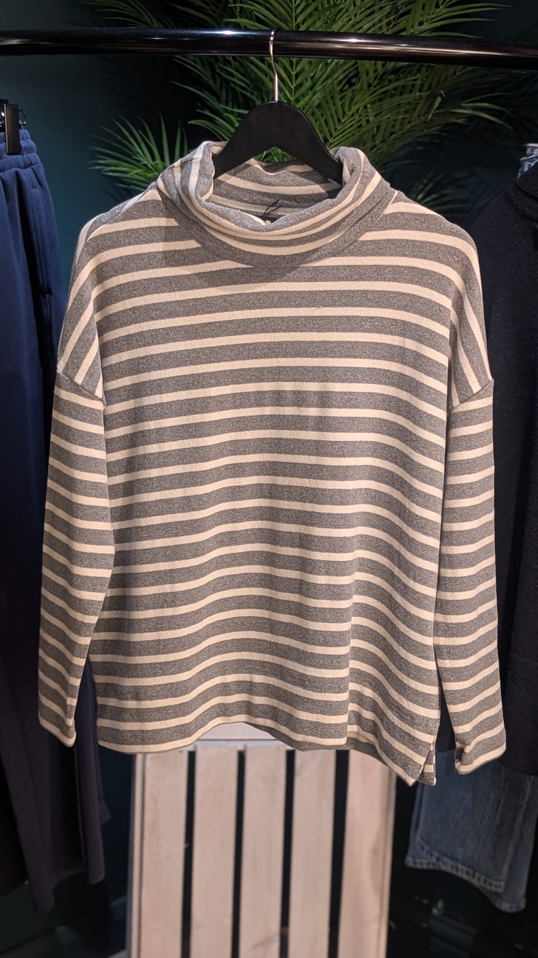 JADE Wide Stripe Riga Knit Jumper in Light Grey And Latte Stripe