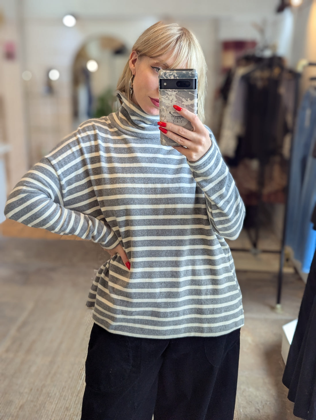 JADE Wide Stripe Riga Knit Jumper in Light Grey And Latte Stripe