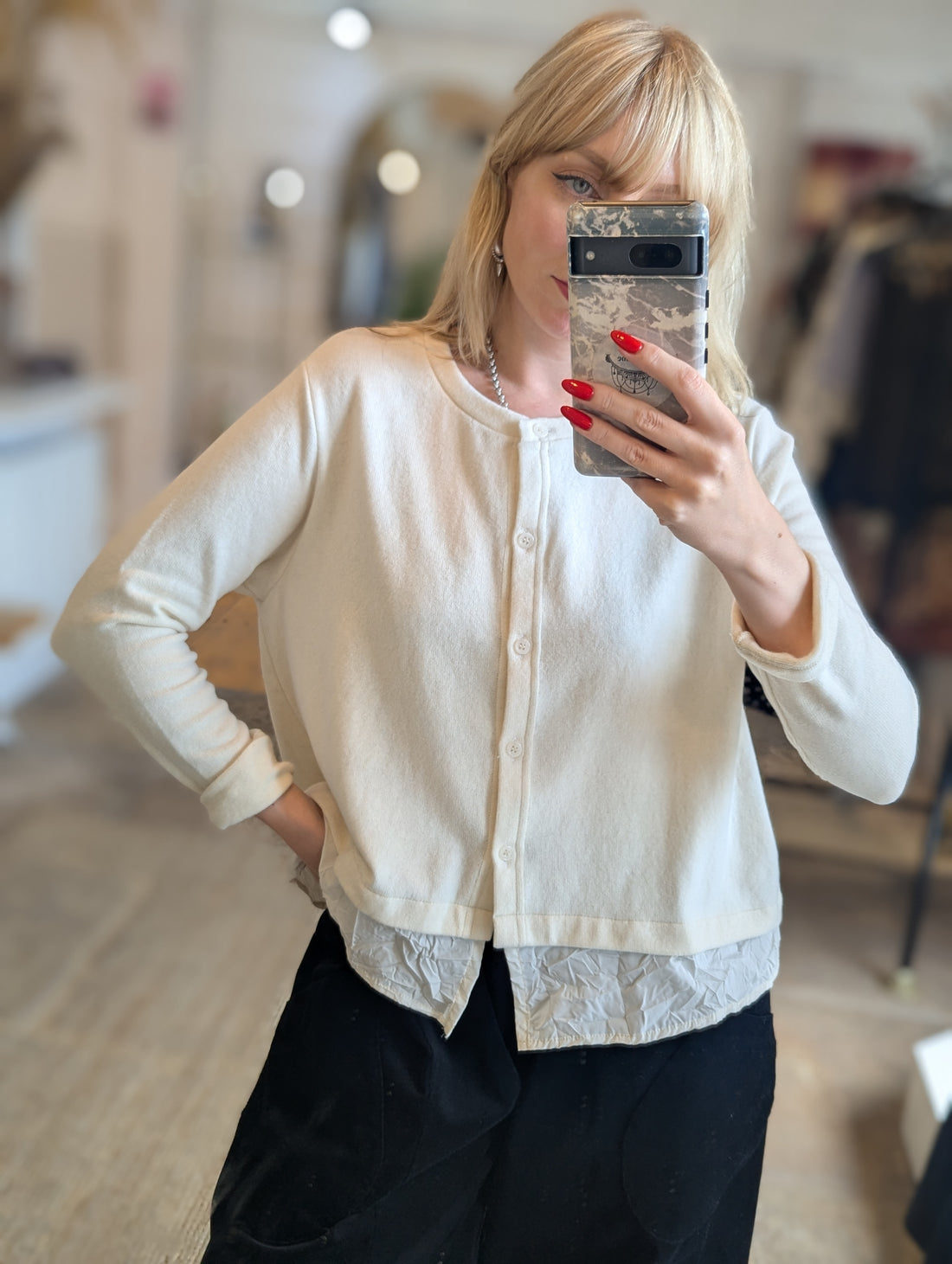 TORO Button Down Cardigan with Crinkle Frill in Latte Cream