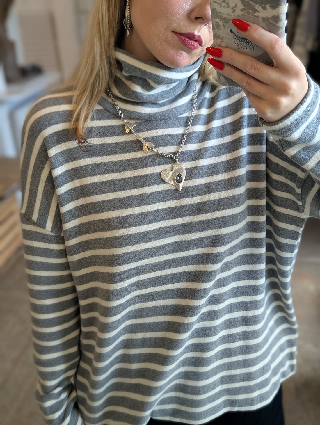 JADE Wide Stripe Riga Knit Jumper in Light Grey And Latte Stripe
