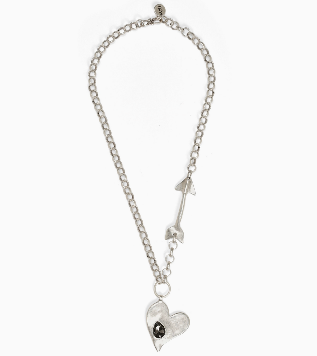 Extended length Suki’s Wardrobe silver adjustable statement boho style necklace featuring a sculptural heart and arrow pendants on a chunky chain.