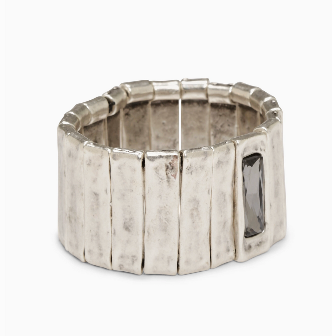 Side angle of the handcrafted organic silver texture on the Alora cuff with Swarovski smoked Crystal by Suki’s Wardrobe.