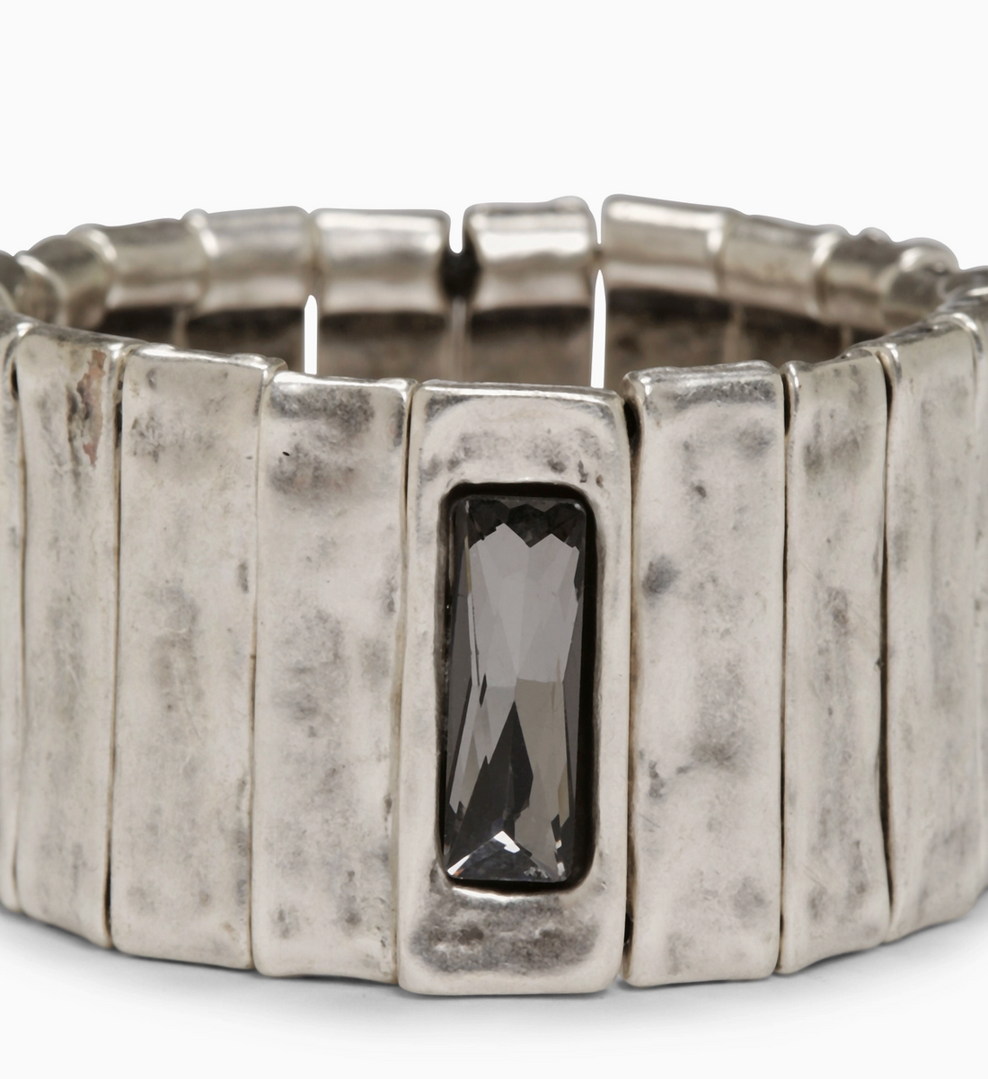 Suki’s Wardrobe Signature Alora silver-plated hammered sculptural statement cuff with smoked crystal.