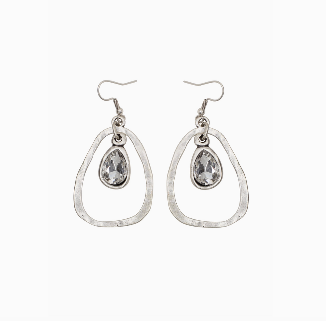 Front view of Artisan-style Kira silver-plated organic sculptural earrings by Suki’s Wardrobe.