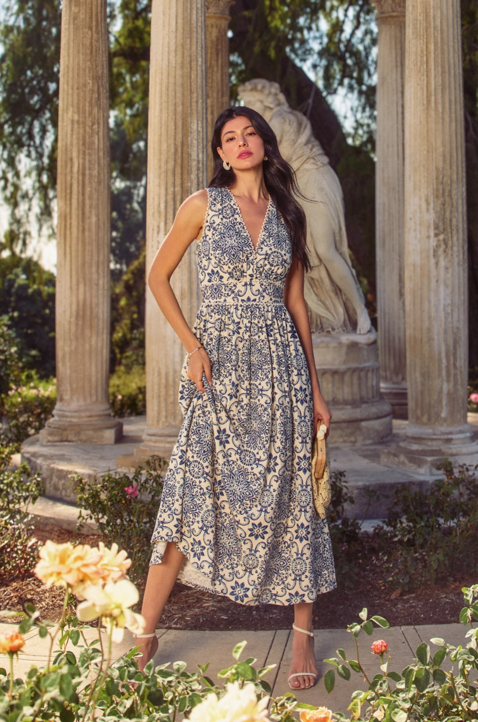 Capri Sleeveless Summer Dress in Blue Tile Print