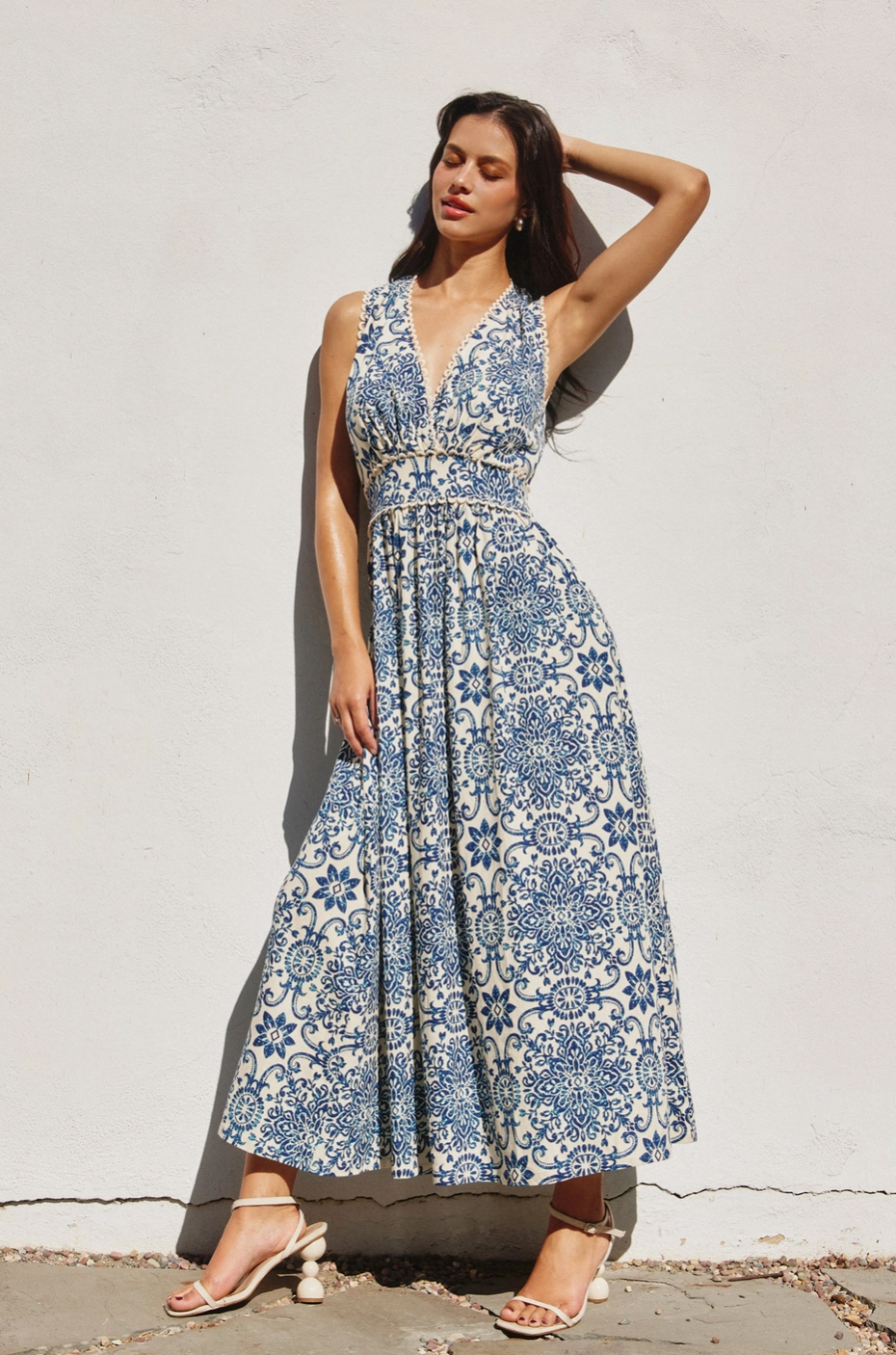 Capri Sleeveless Summer Dress in Blue Tile Print