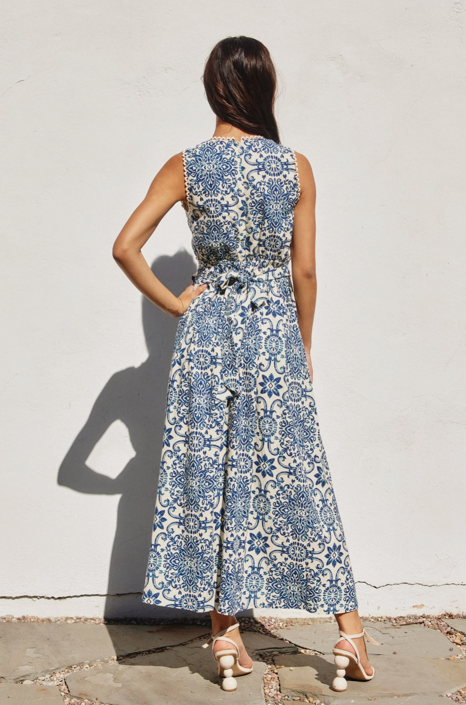 Capri Sleeveless Summer Dress in Blue Tile Print