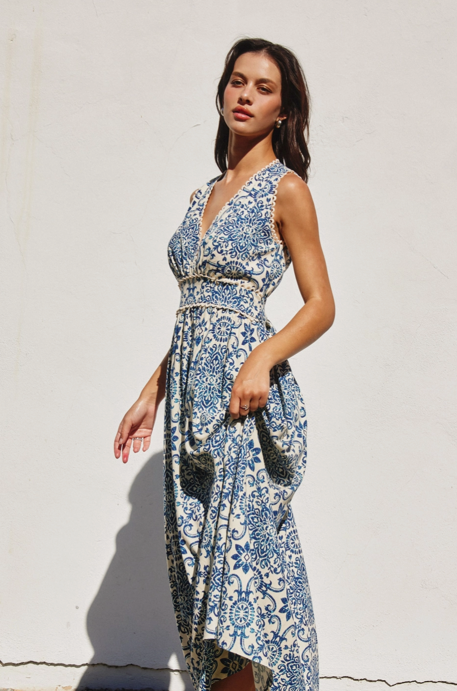 Capri Sleeveless Summer Dress in Blue Tile Print