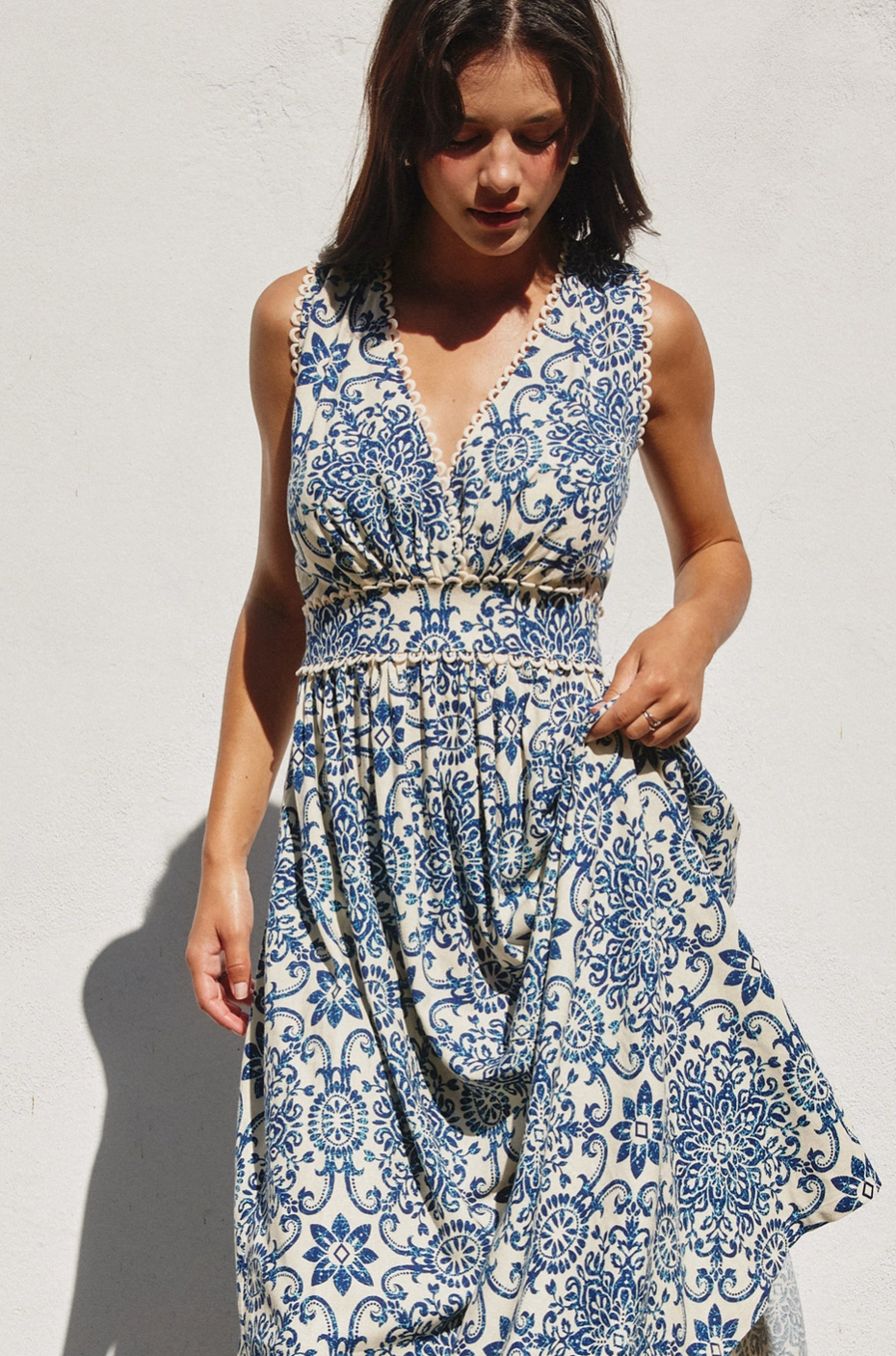 Capri Sleeveless Summer Dress in Blue Tile Print