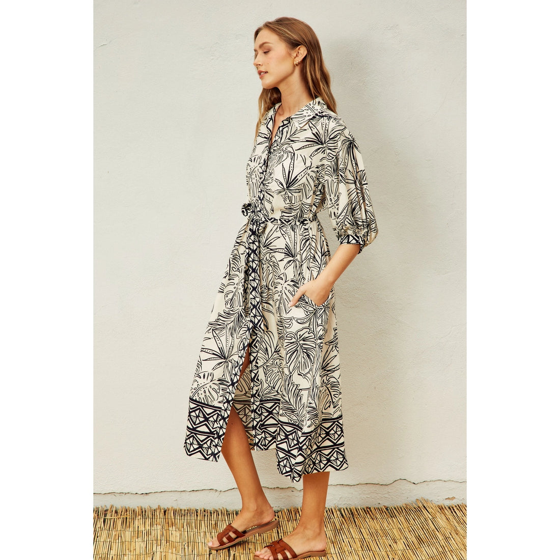 Sophia Tie Waist Shirt Dress in Monochrome Print