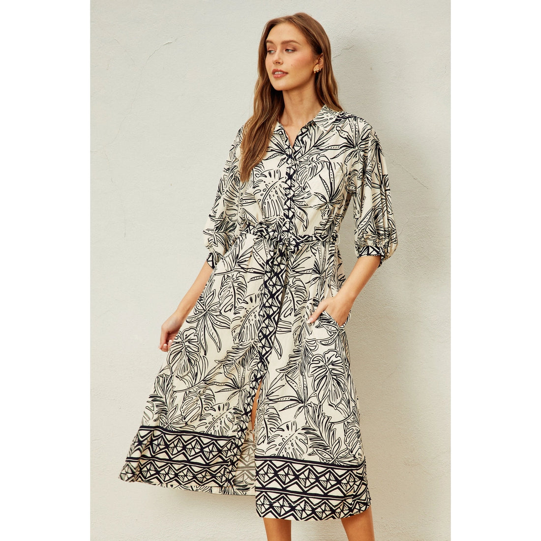 Sophia Tie Waist Shirt Dress in Monochrome Print