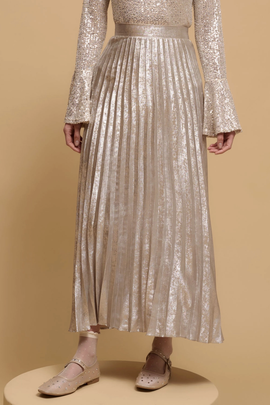 PRINCE Metallic Accordion Pleated Maxi Skirt in Champagne