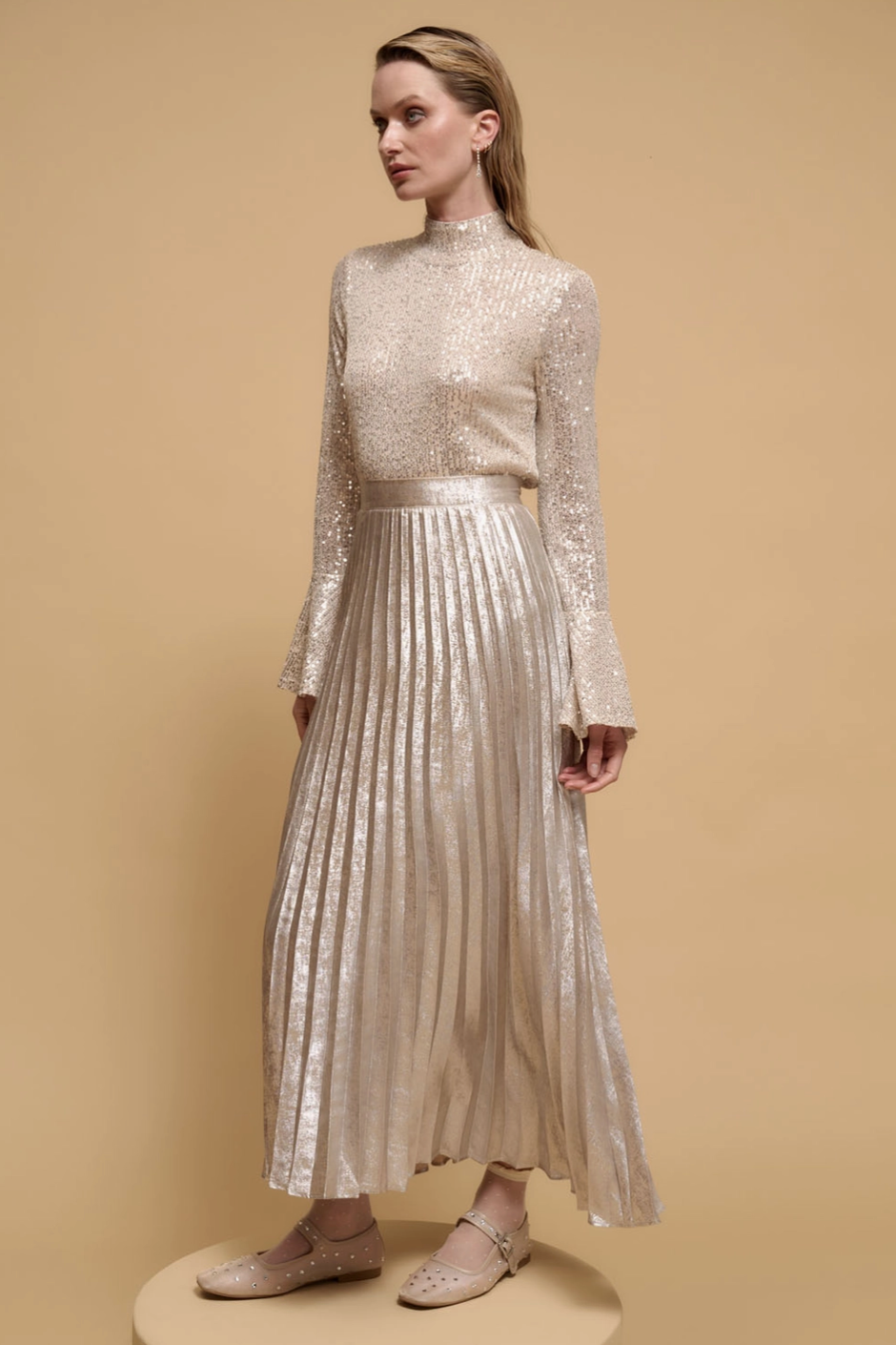 PRINCE Metallic Accordion Pleated Maxi Skirt in Champagne