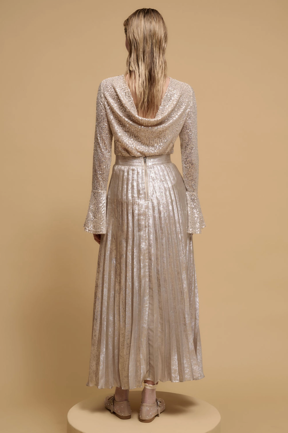 PRINCE Metallic Accordion Pleated Maxi Skirt in Champagne