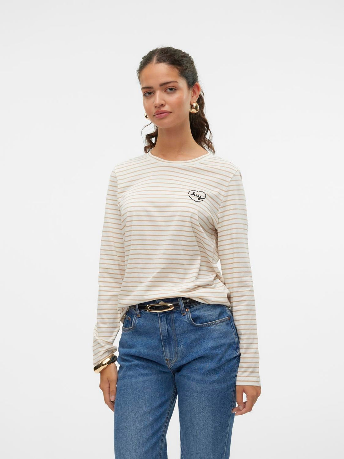 OYA Stripe Cotton 'Hey' Jersey Top in White and Sand