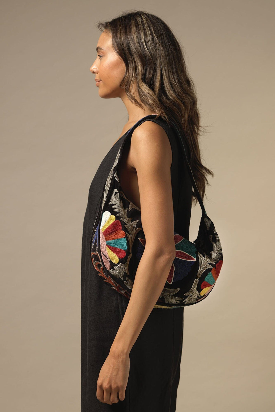 Embroidered Folk Style Baguette Bag by One Hundred Stars - Black - BBGEMBBLK Bags & Purses One Hundred Stars
