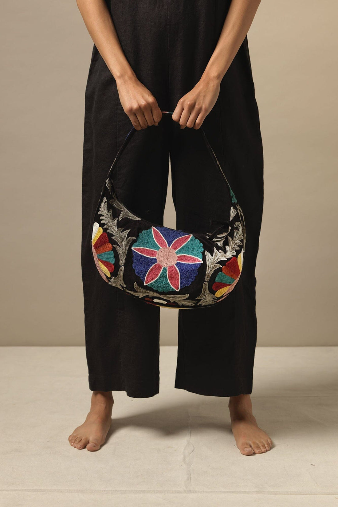Embroidered Folk Style Baguette Bag by One Hundred Stars - Black - BBGEMBBLK Bags & Purses One Hundred Stars