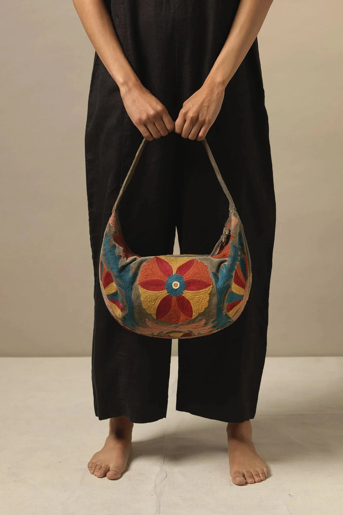 Embroidered Folk Style Baguette Bag by One Hundred Stars - Mink - BBGEMBMIN Bags & Purses One Hundred Stars