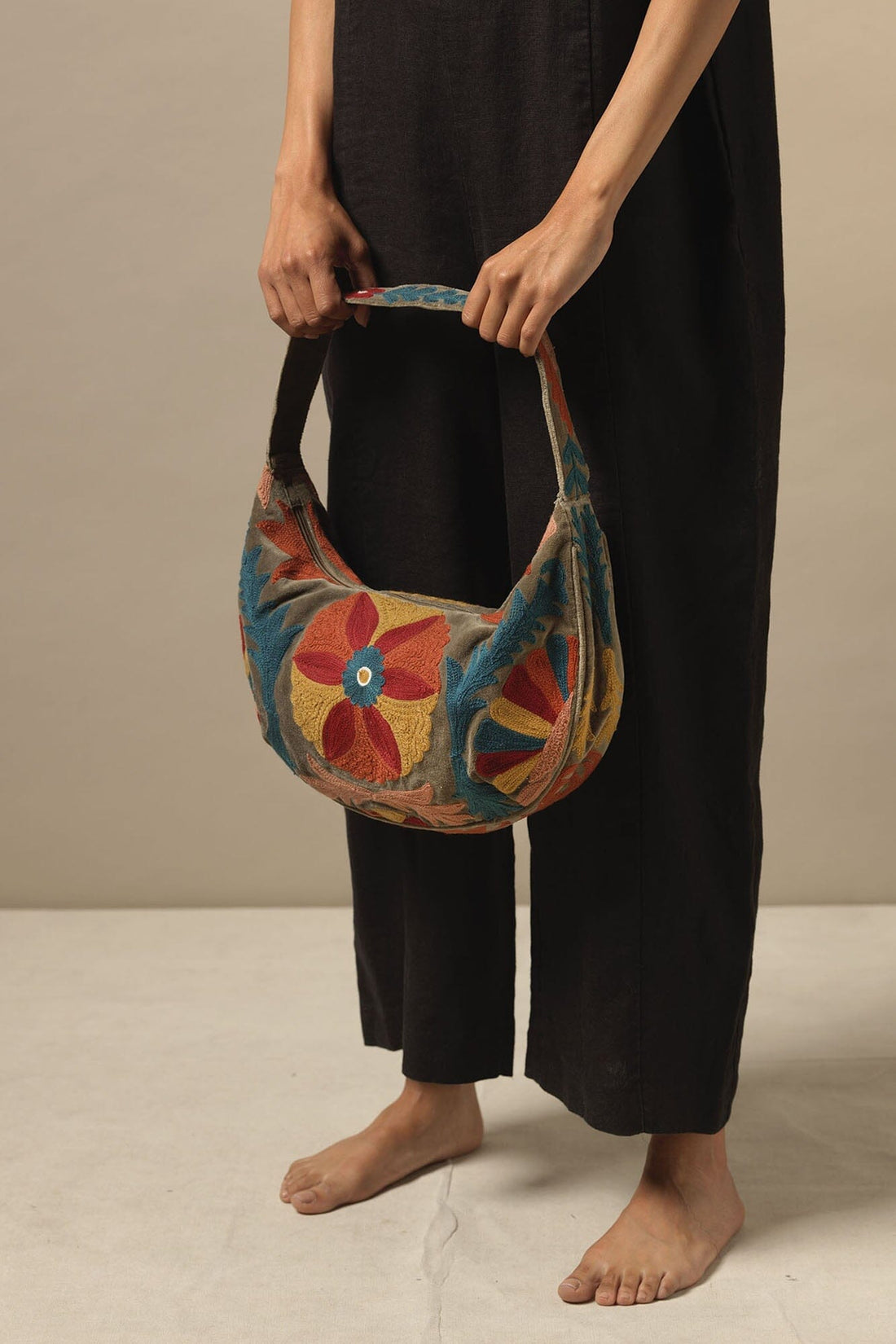 Embroidered Folk Style Baguette Bag by One Hundred Stars - Mink - BBGEMBMIN Bags & Purses One Hundred Stars