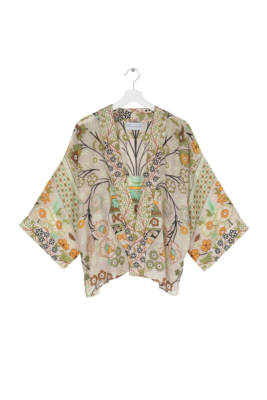 Flower Arch Short Lightweight Kimono in Sage by One Hundred Stars - KIMFWASAG Kimonos One Hundred Stars