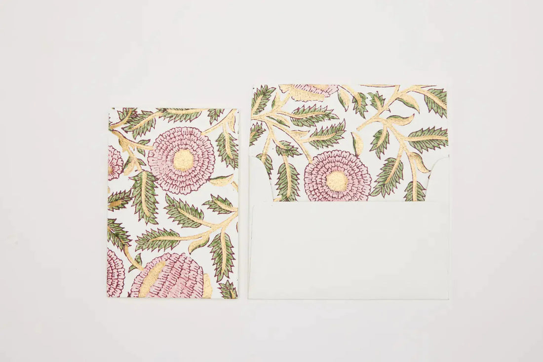 Paper Mirchi - Hand Block Printed Greeting Card - Marigold Glitz Blush Pink Cards Paper Mirchi