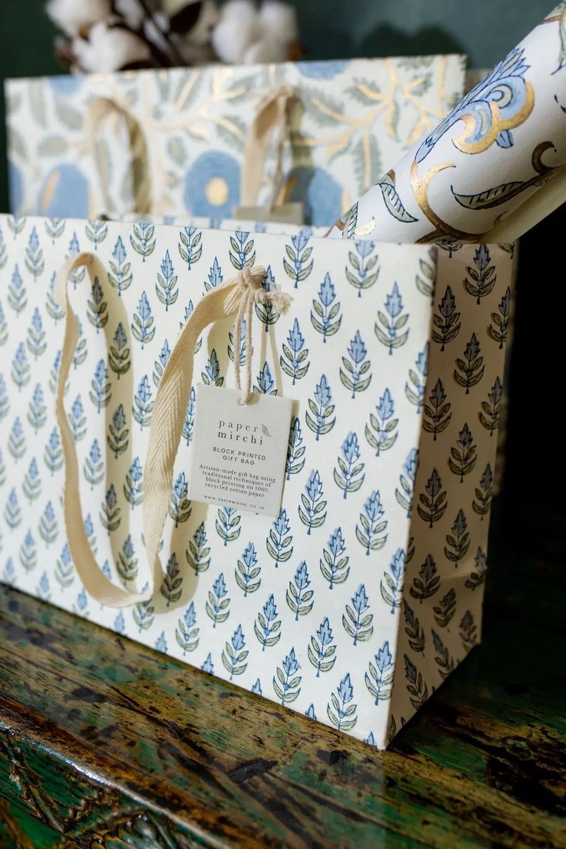 Paper Mirchi Sustainable Luxe Gift Bag in Blue Florals- Medium Gift Wrap Paper Mirchi