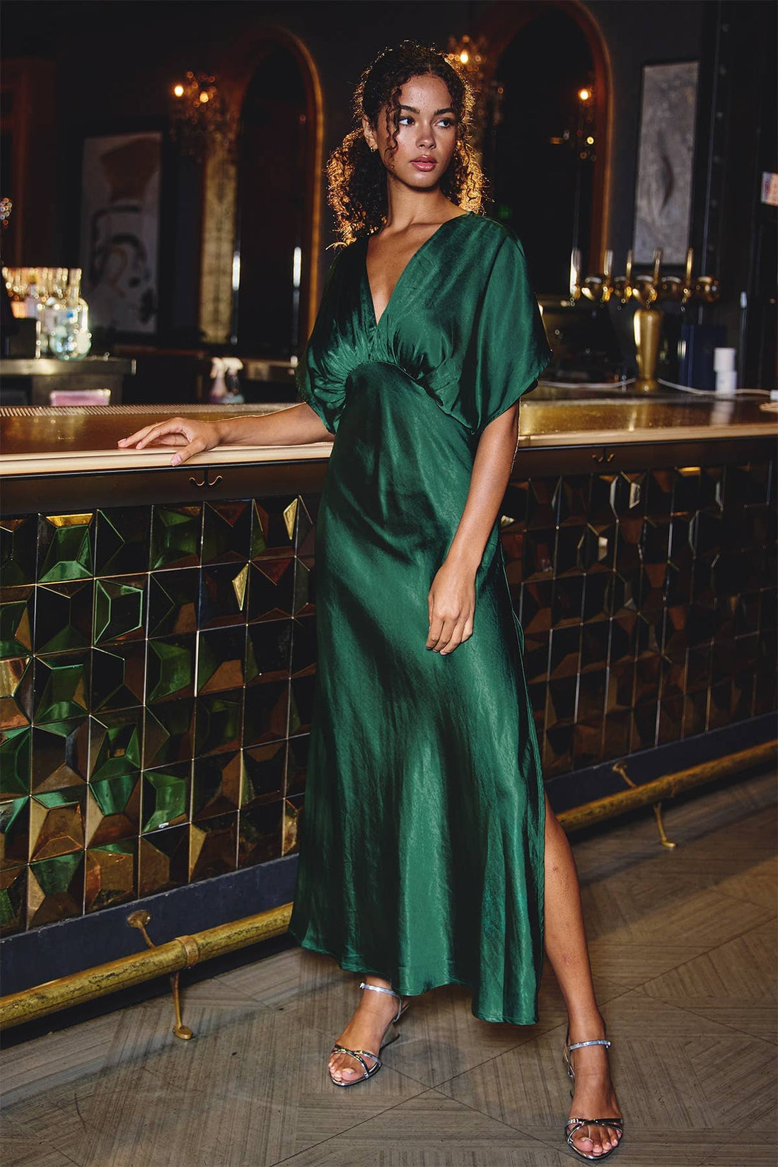 Satin Blouson Kimono Style Maxi Dress in Emerald Green Dresses Dress Forum