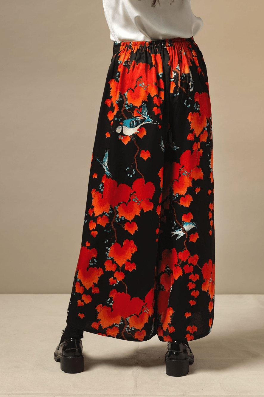 Satin Feel Palazzo Trousers in Black Acer Print by One Hundred Stars - PPAACRBLK Kimonos One Hundred Stars