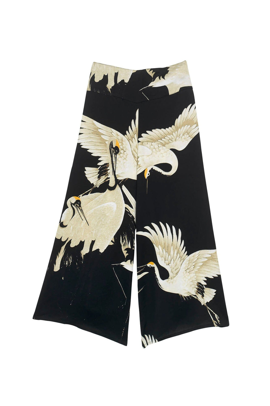 Satin Feel Palazzo Trousers in Black Stork Print by One Hundred Stars - PPASTOBLK Trousers One Hundred Stars