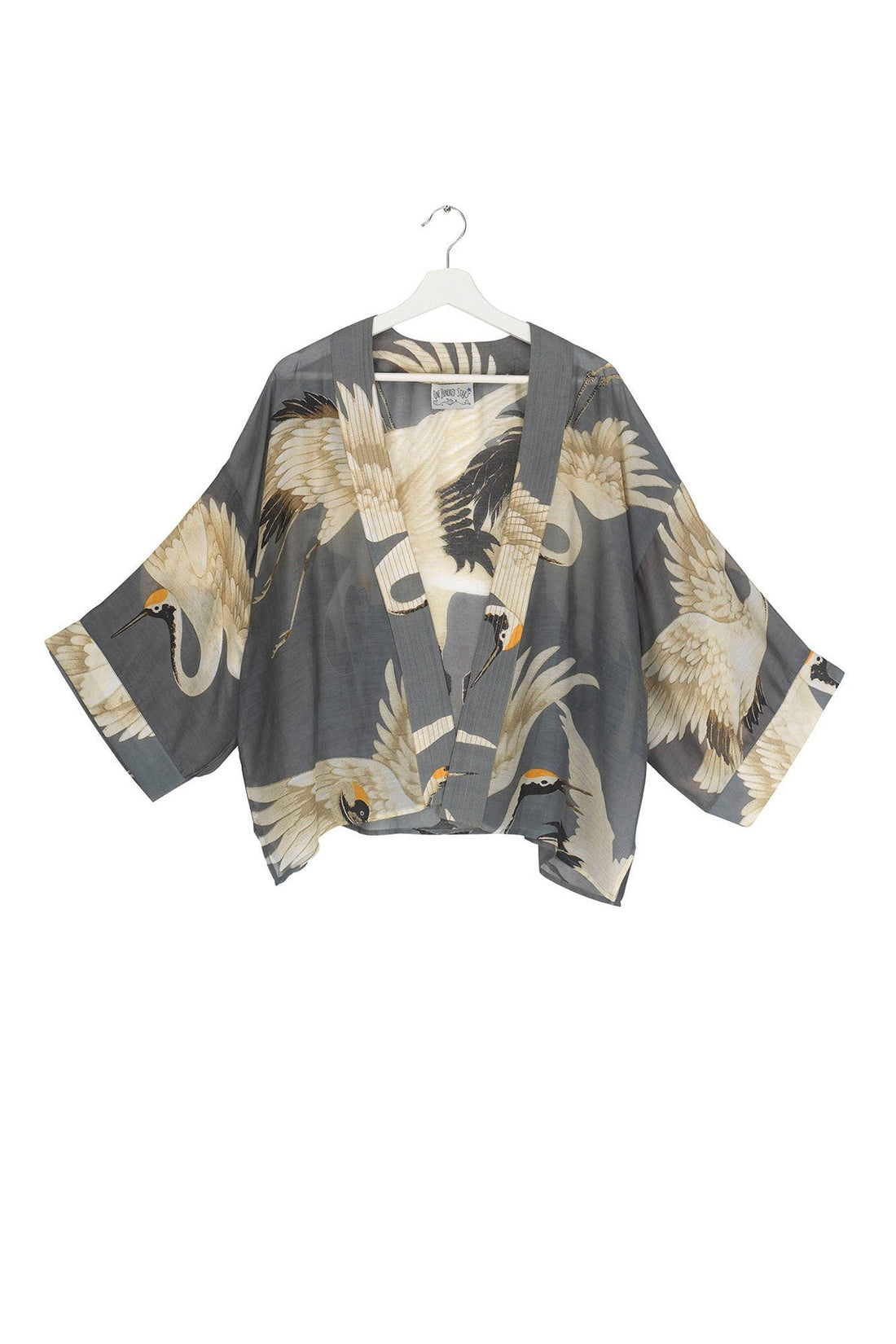 Short Kimono in Stork Print- Slate Grey Coats & Jackets One Hundred Stars