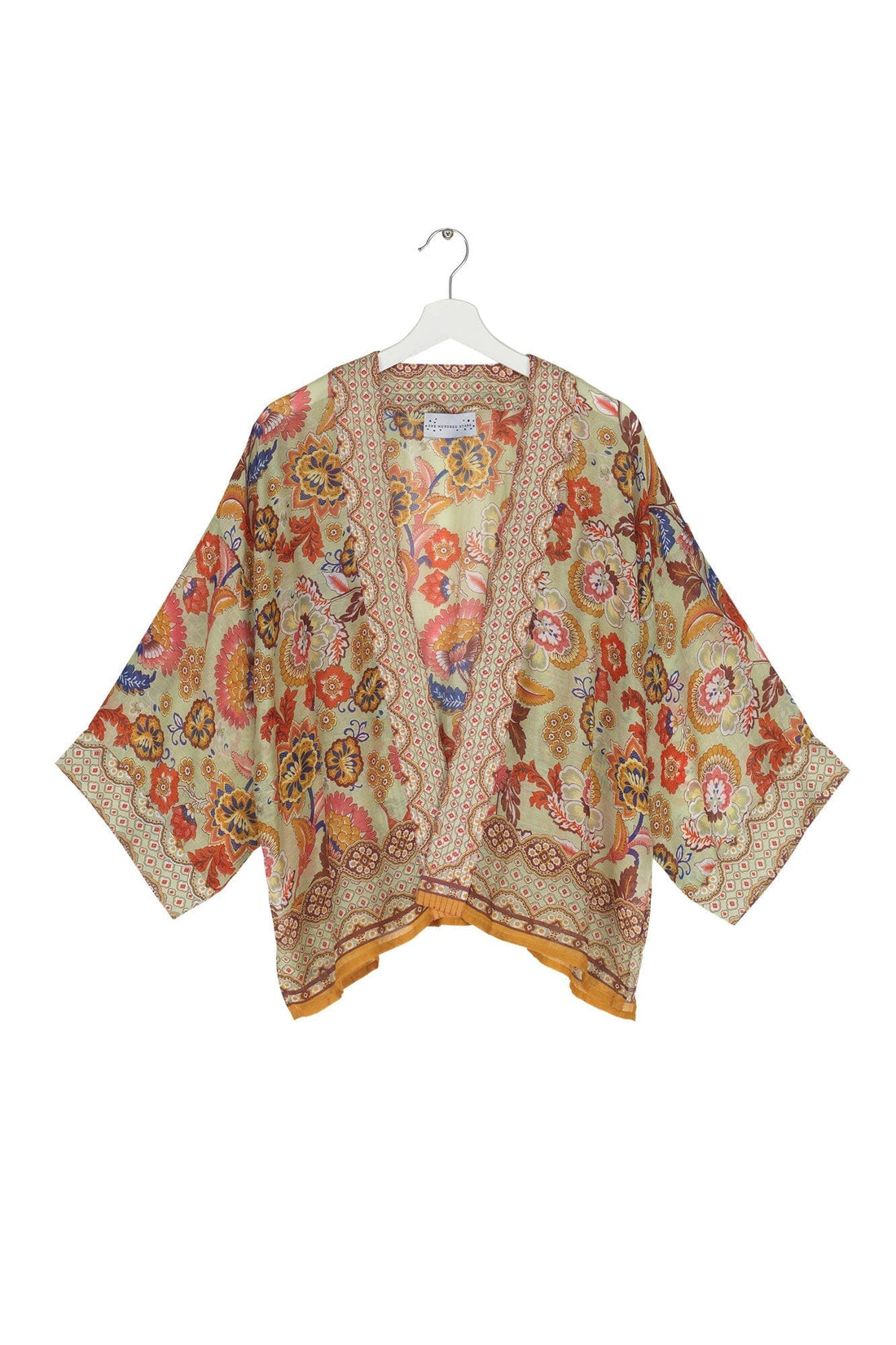 Short Lightweight Kimono in Indian Flower Taupe Print KIMINDTAU Kimonos One Hundred Stars