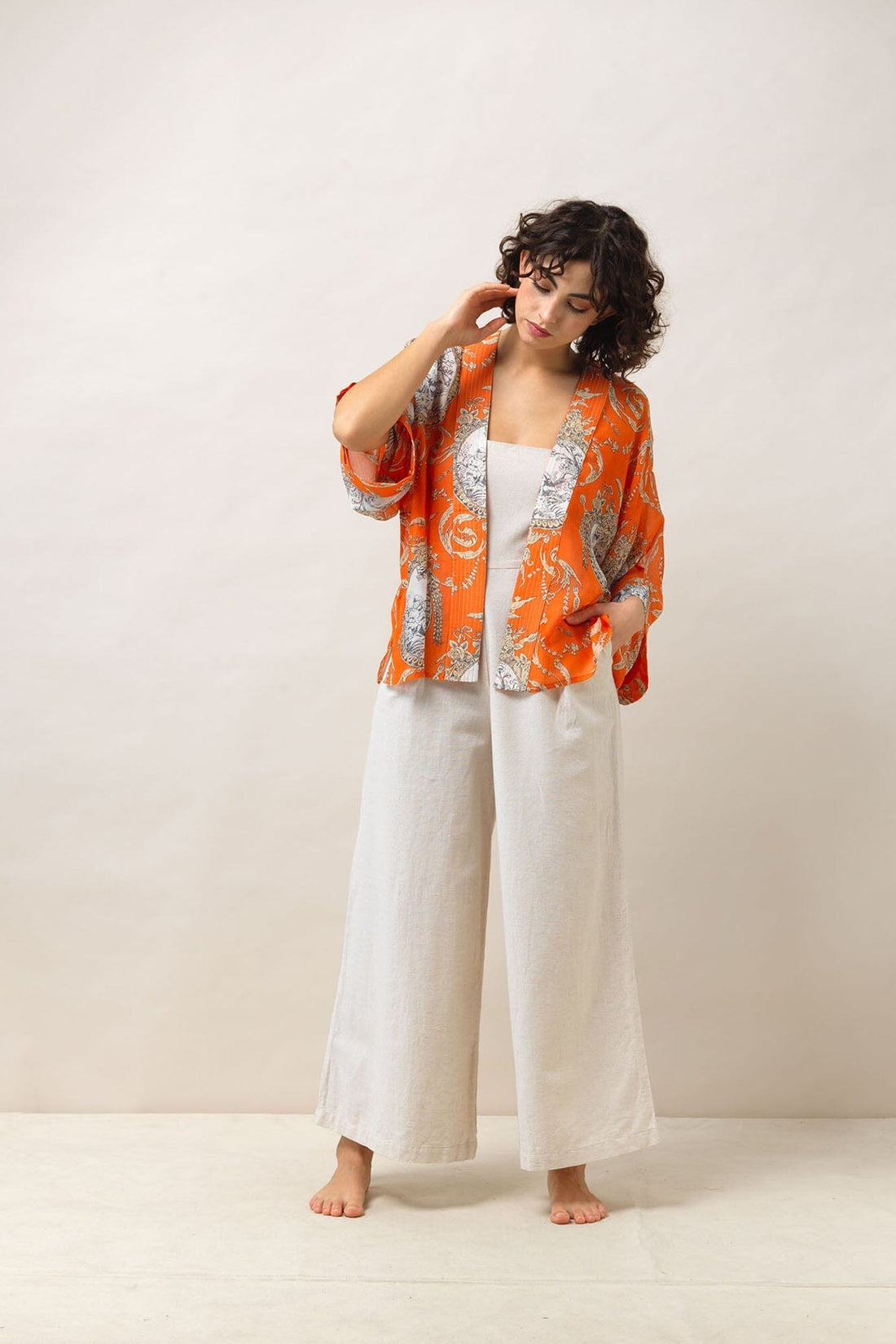 Short Lightweight Kimono in Valentine Orange Print - KIMVALORA Kimonos One Hundred Stars