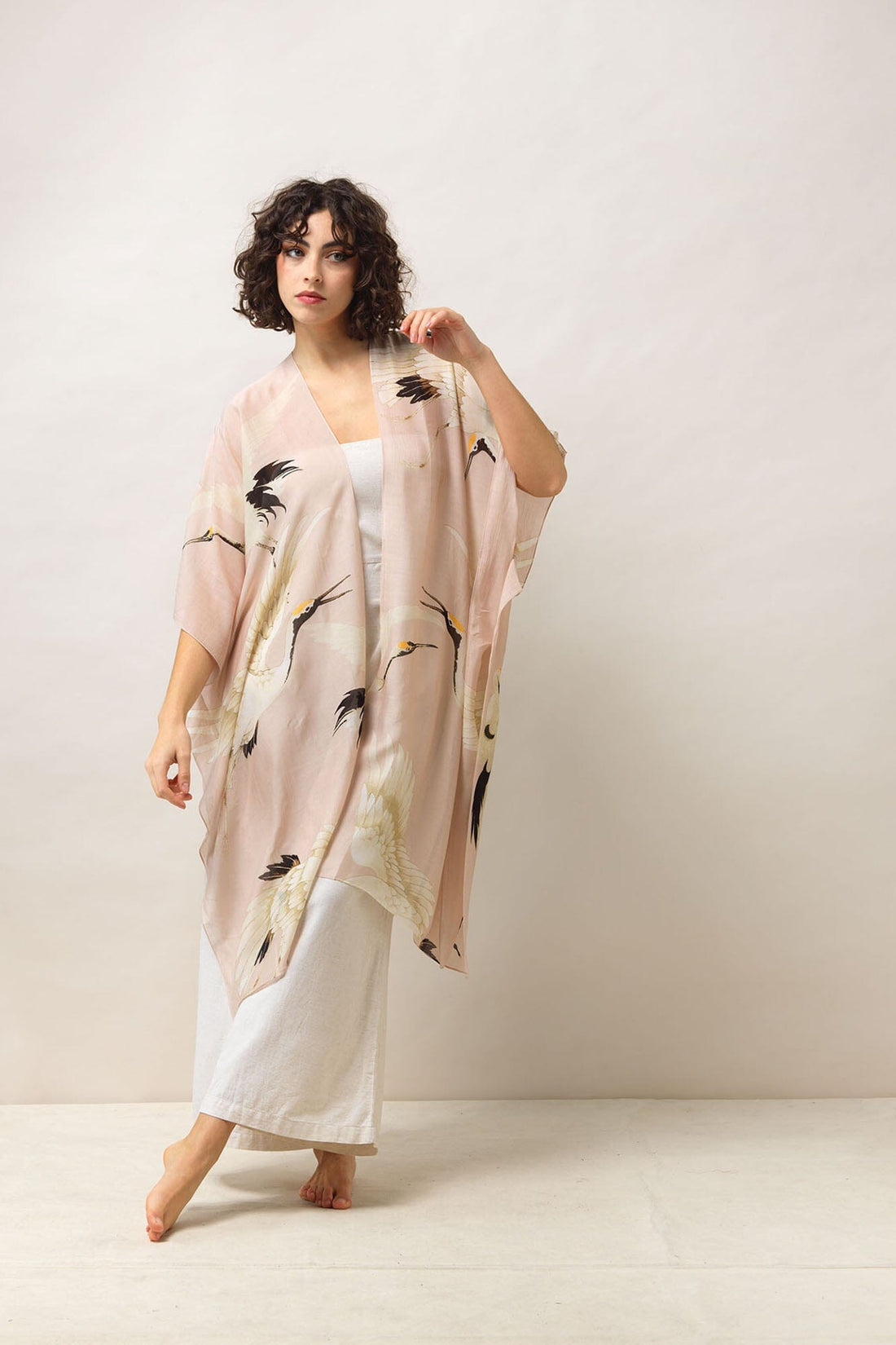 Stork Plaster Pink Throwover Open Long Kimono - THRSTOPIN Kimonos One Hundred Stars